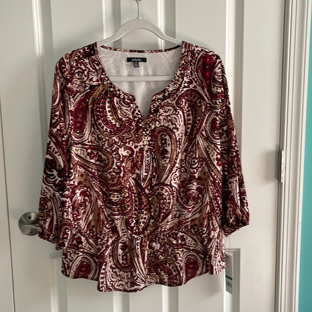 NWT Women’s blouse - cream, maroon, camel, black, red paisley pattern